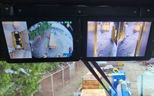 picture featuring both monitors from new Gerlinger Carrier camera system in the carrier's cab